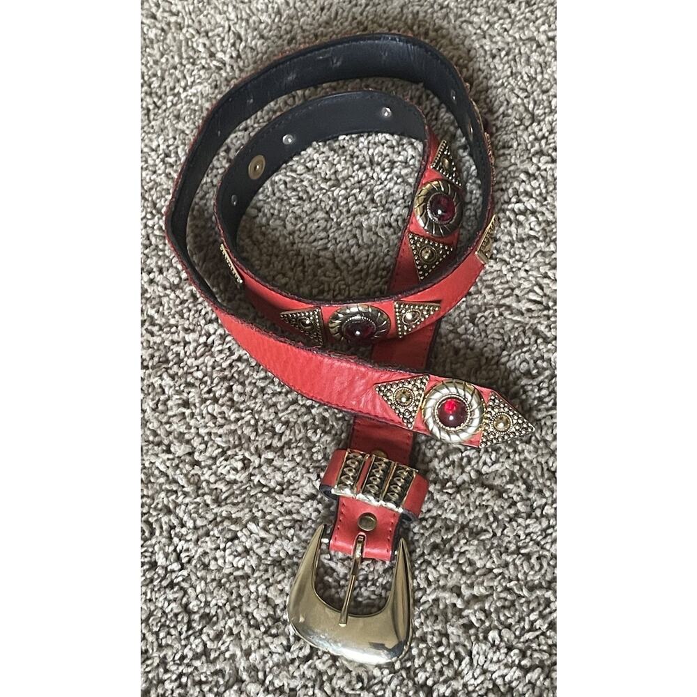Leatherock Red Leather Belt Embellished Studded Gold Hardware 6051 Sz M Western